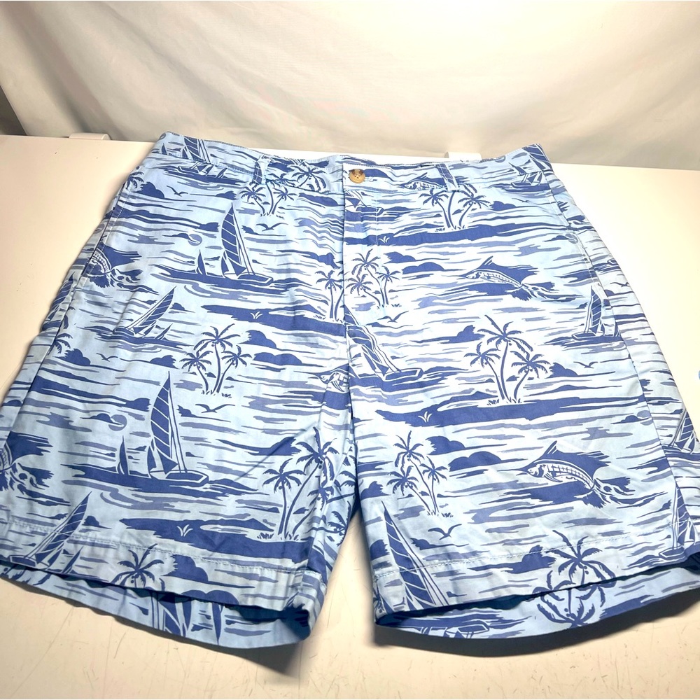 Vineyard Vines Club Shorts Blue Tropical Palm Pockets W35 Inseam 7”